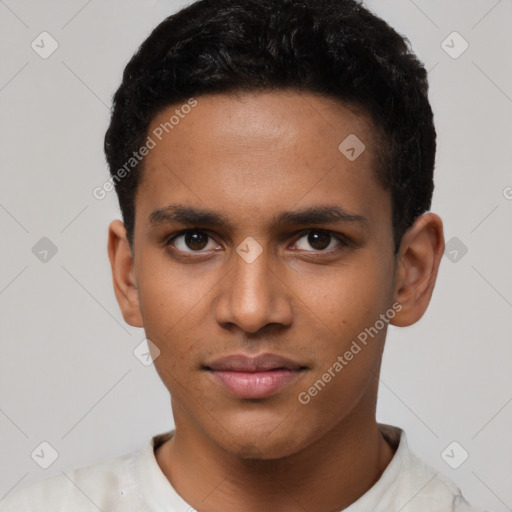 Neutral latino young-adult male with short  black hair and brown eyes