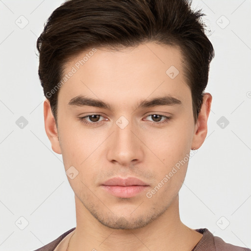 Neutral white young-adult male with short  brown hair and brown eyes