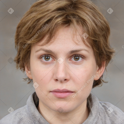 Neutral white young-adult female with medium  brown hair and grey eyes