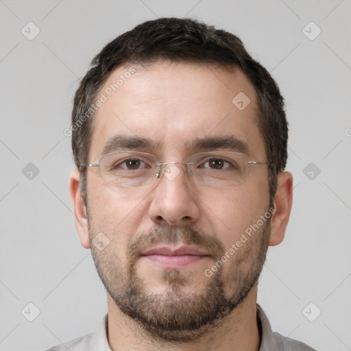 Neutral white adult male with short  brown hair and brown eyes