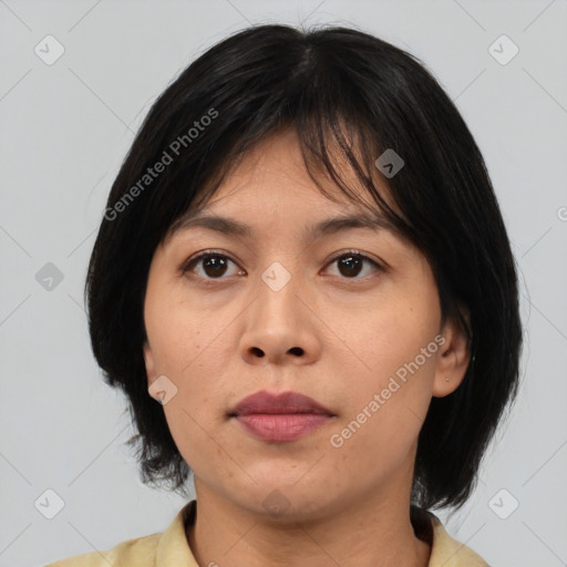 Neutral asian young-adult female with medium  brown hair and brown eyes