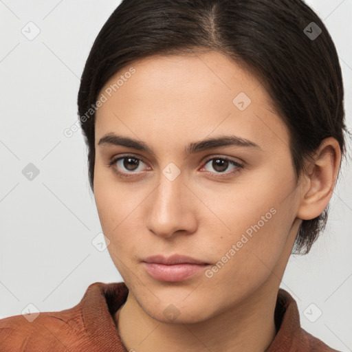 Neutral white young-adult female with medium  brown hair and brown eyes