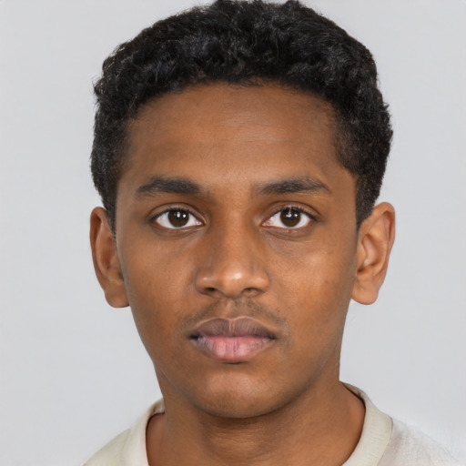 Neutral black young-adult male with short  black hair and brown eyes