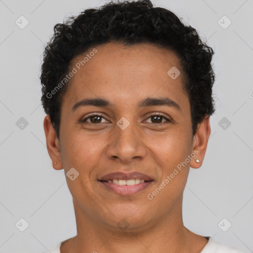 Joyful latino young-adult male with short  brown hair and brown eyes