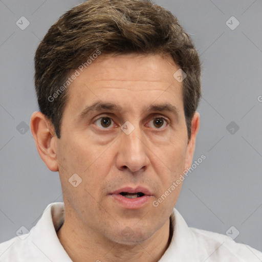 Neutral white adult male with short  brown hair and brown eyes