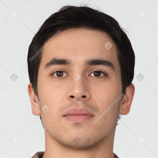 Neutral asian young-adult male with short  black hair and brown eyes