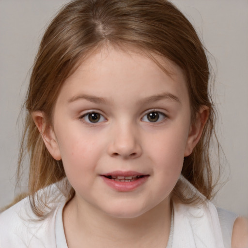 Joyful white child female with medium  brown hair and blue eyes