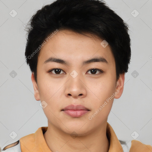 Neutral asian young-adult female with short  black hair and brown eyes