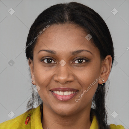 Joyful latino young-adult female with medium  brown hair and brown eyes