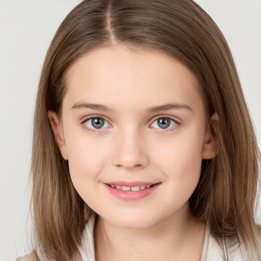 Joyful white child female with medium  brown hair and brown eyes