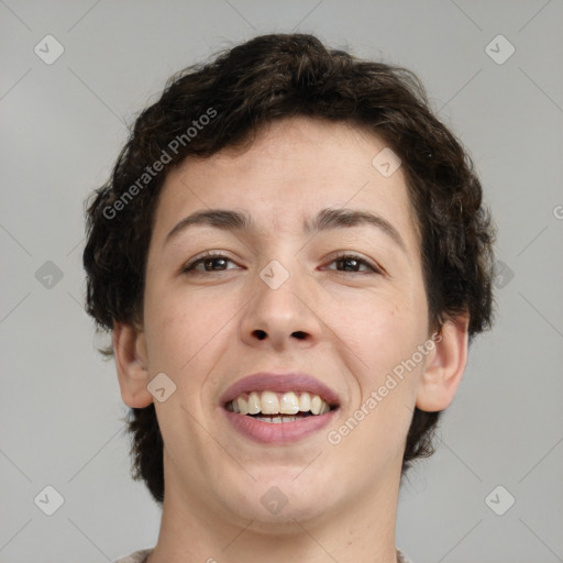 Joyful white adult female with short  brown hair and brown eyes