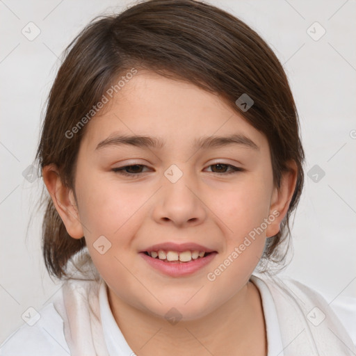 Joyful white child female with medium  brown hair and brown eyes