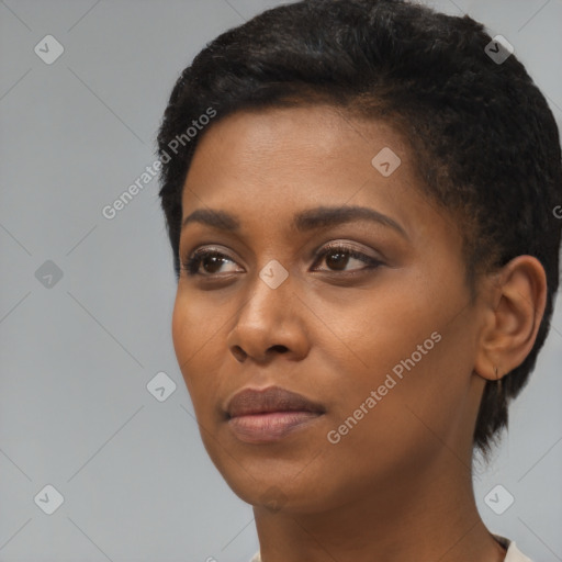 Neutral black young-adult female with short  black hair and brown eyes