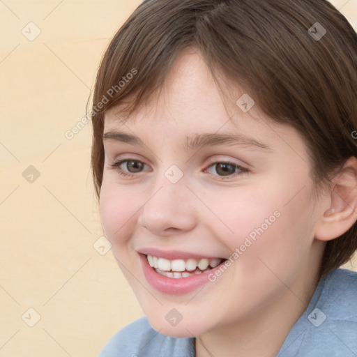 Joyful white child female with medium  brown hair and brown eyes