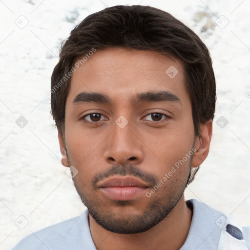 Neutral white young-adult male with short  brown hair and brown eyes