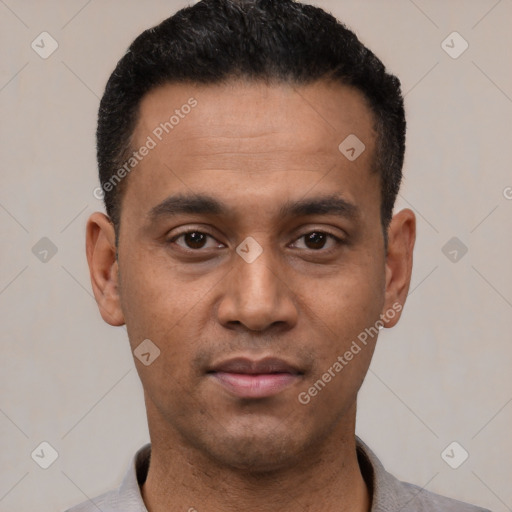 Neutral latino young-adult male with short  black hair and brown eyes