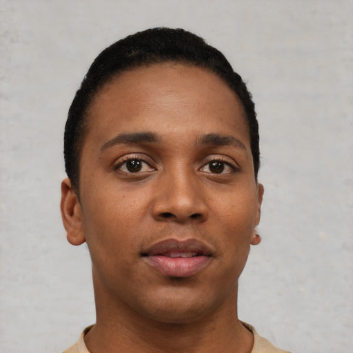 Neutral black young-adult male with short  black hair and brown eyes