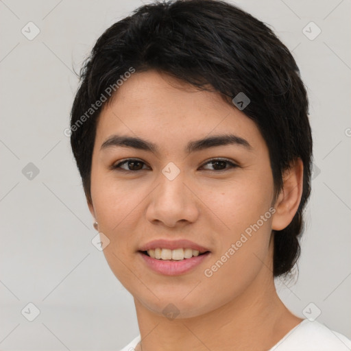 Joyful asian young-adult female with short  brown hair and brown eyes