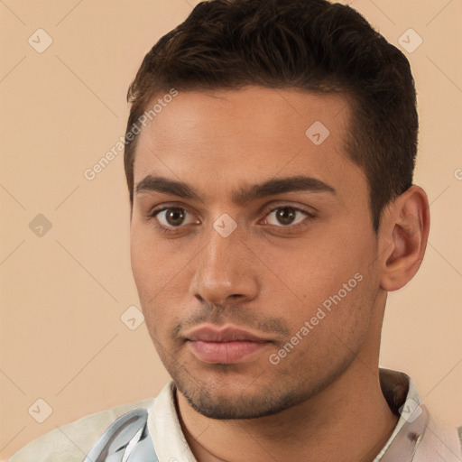 Neutral white young-adult male with short  brown hair and brown eyes