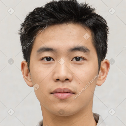 Neutral asian young-adult male with short  black hair and brown eyes