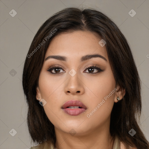 Neutral asian young-adult female with long  brown hair and brown eyes