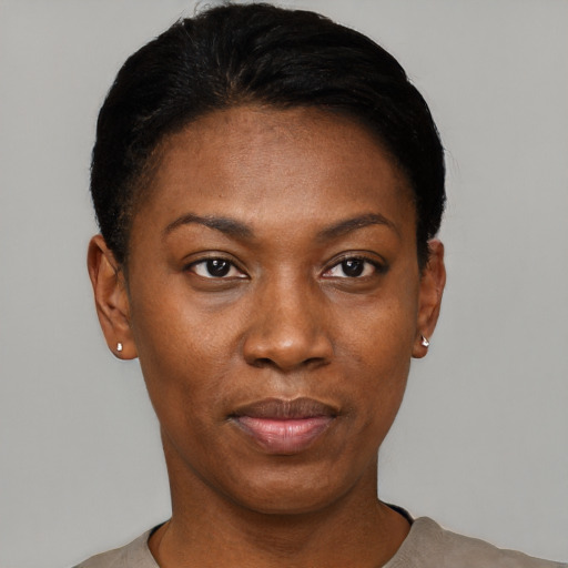 Neutral black young-adult female with short  black hair and brown eyes