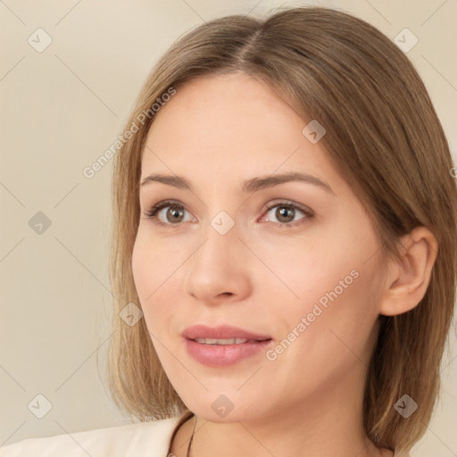 Neutral white young-adult female with medium  brown hair and brown eyes