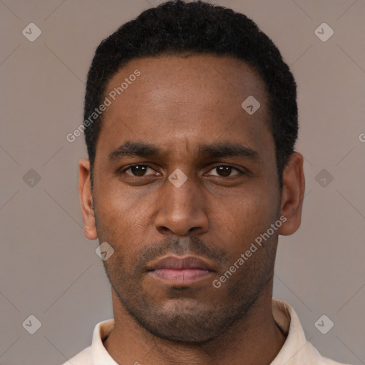 Neutral black young-adult male with short  black hair and brown eyes