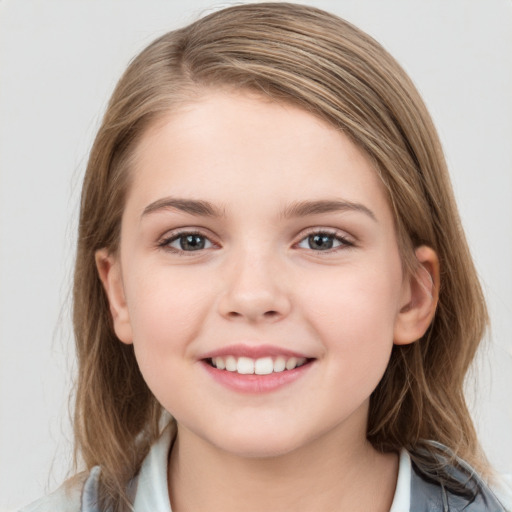 Joyful white child female with medium  brown hair and grey eyes