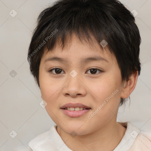 Joyful white child female with short  brown hair and brown eyes