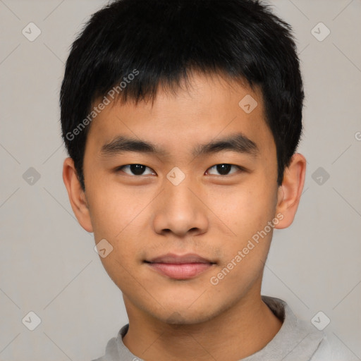 Neutral asian young-adult male with short  black hair and brown eyes