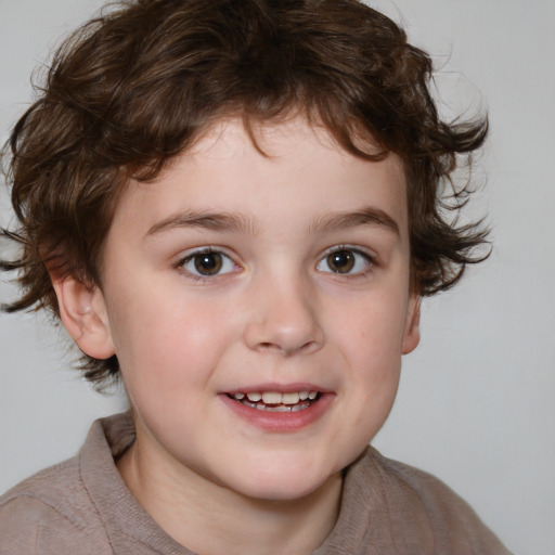 Joyful white child male with medium  brown hair and brown eyes