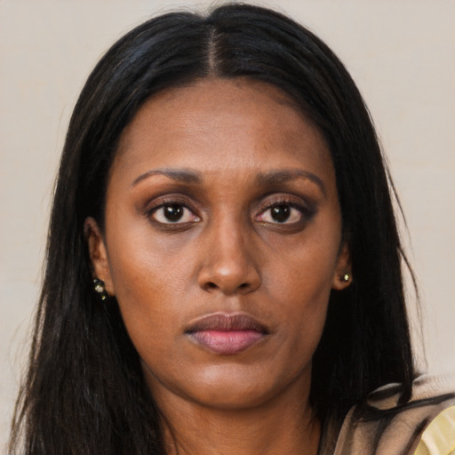 Neutral asian young-adult female with long  brown hair and brown eyes