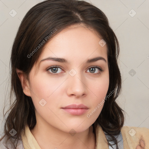 Neutral white young-adult female with medium  brown hair and brown eyes