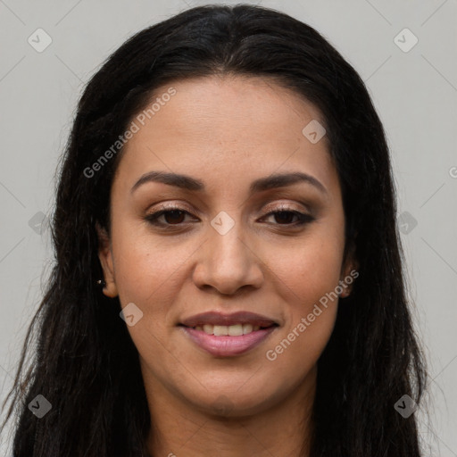 Joyful latino young-adult female with long  brown hair and brown eyes