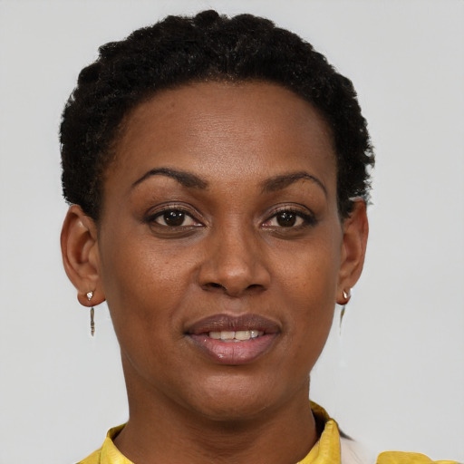 Joyful black young-adult female with short  brown hair and brown eyes