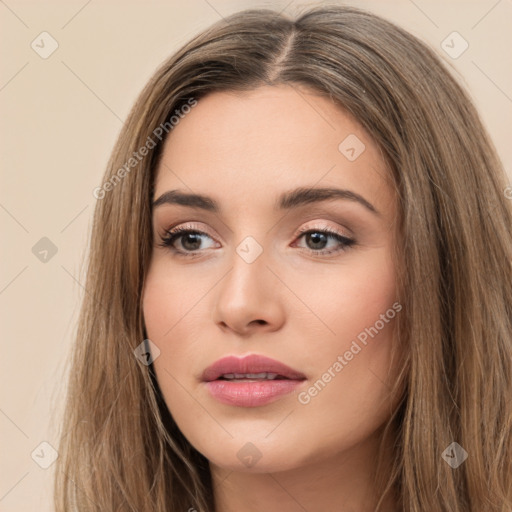 Neutral white young-adult female with long  brown hair and brown eyes