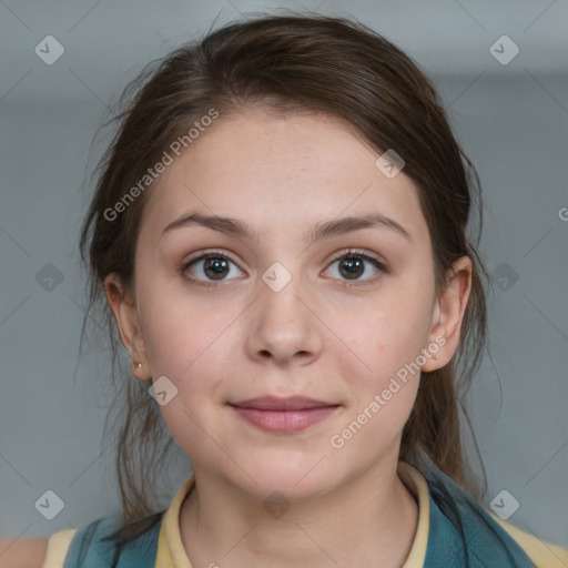 Neutral white young-adult female with medium  brown hair and brown eyes