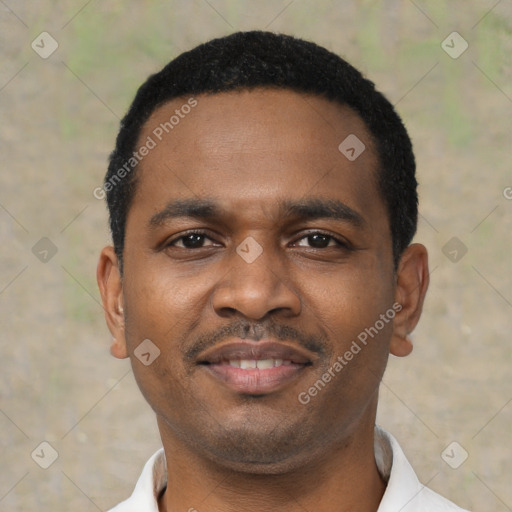 Joyful black young-adult male with short  black hair and brown eyes