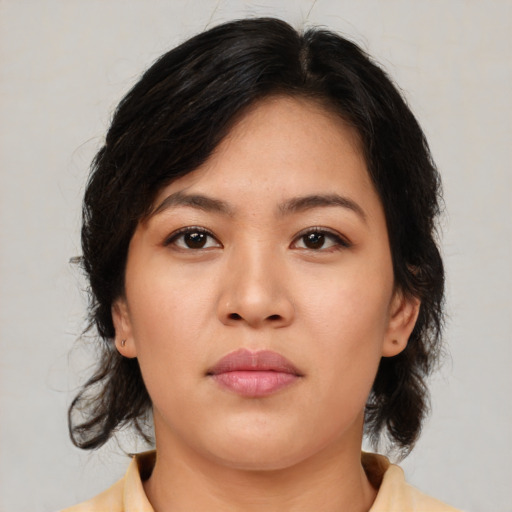 Neutral asian young-adult female with medium  brown hair and brown eyes