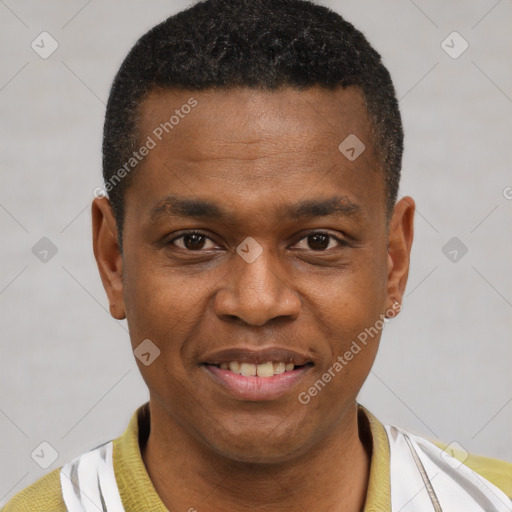 Joyful latino young-adult male with short  brown hair and brown eyes