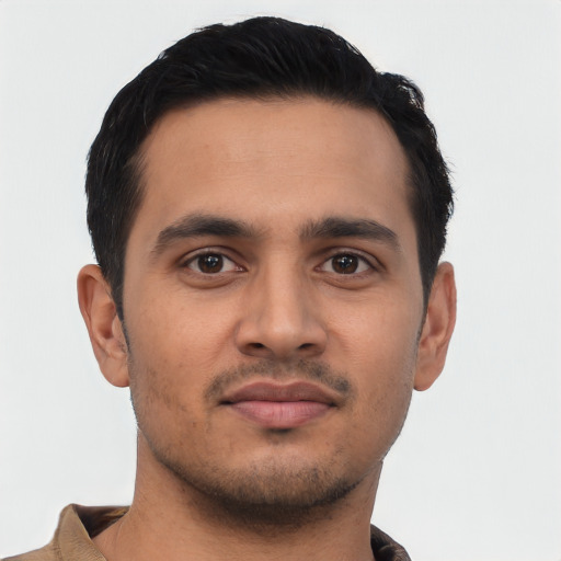 Neutral asian young-adult male with short  black hair and brown eyes