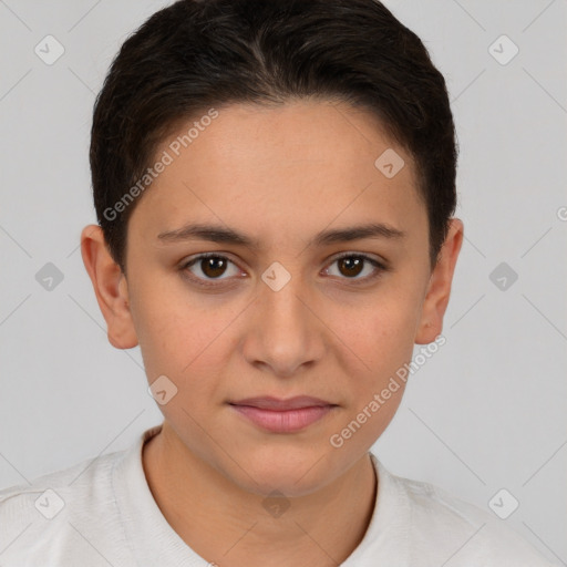 Joyful white young-adult female with short  brown hair and brown eyes