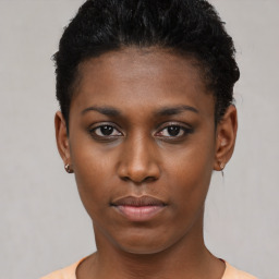 Neutral black young-adult female with short  black hair and brown eyes