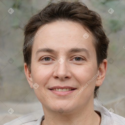 Joyful white adult female with short  brown hair and brown eyes