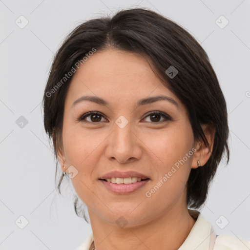 Joyful white young-adult female with medium  brown hair and brown eyes