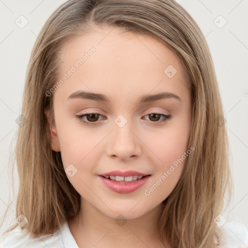 Joyful white child female with medium  brown hair and brown eyes