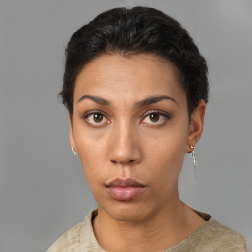 Neutral latino young-adult female with short  black hair and brown eyes