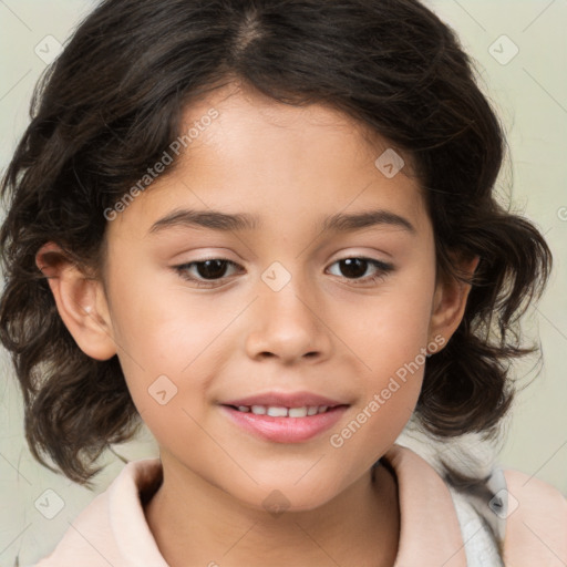 Joyful white child female with medium  brown hair and brown eyes