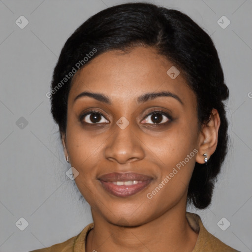 Joyful black young-adult female with medium  black hair and brown eyes